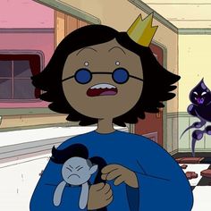 an animated image of a woman holding a stuffed animal in front of a black cat