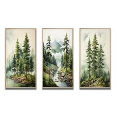 three paintings with trees and mountains in the background