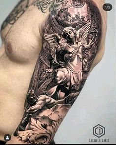 a man's half sleeve with an angel and cherub tattoo on his arm