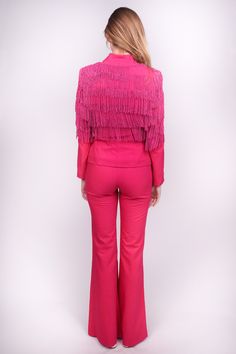 Any Old Iron Pink Fringe Suit Fitted Flares Suit Fringe detail on jacket shoulders and back Pretty in Pink! Festive Fitted Pink Suits, Pink Semi-stitched Unstitched Suit For Formal Occasion, Pink Suit Editorial, Hot Pink Satin Suit Women, Pink Single-breasted Long-sleeve Pantsuit, Hot Pink Blazers, Kate Bosworth, Pink Blazer, Flare Trousers