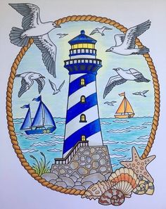 a drawing of a lighthouse surrounded by seagulls and seashells with sailboats in the background