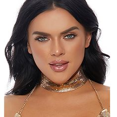 Metallic Chain Mail Choker With Adjustable Lobster Clasp Closure. Measures About 1-1/2" Tall. Gold. New In Package. 100% Aluminum. Halter Top Not Included.