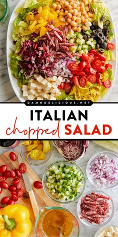 Say hello to the famous Italian Chopped Salad! It's a summer salad idea you don't want to miss. Tossed in a red wine dressing, this chopped Italian salad is an easy BBQ side dish everyone will enjoy! Put this on your Memorial Day party food! Chopped Salad Recipe, Vinegar Salad, Chopped Salad Recipes, Italian Chopped Salad, Red Wine Vinaigrette, Fresh Salad Recipes, Italian Salad, Wine Vinegar