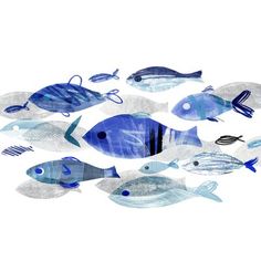 a group of blue and white fish swimming in the ocean on a white background with watercolor effect