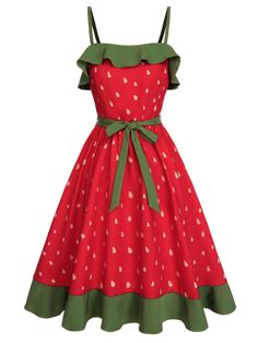 [Pre-Sale] Red 1950s Strawberry Ruffle Belt Dress | Retro Stage Strawberry Clothing, Strawberry Things, Short Knit Dress, Oc Outfits, Funky Dresses, Strawberry Dress, Body Measurement