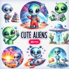 cute alien clipart set with space, planets and aliens in cartoon style for commercial use