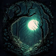 an image of a forest scene with trees and the moon in the sky at night