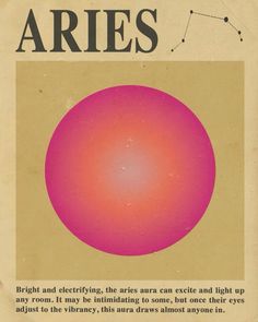 an advertisement for aries on the front cover of a book with pink and yellow circles