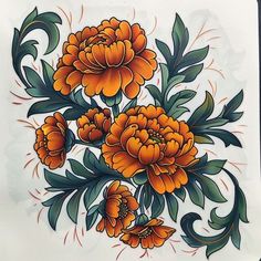 an orange flower with green leaves on a white background is featured in this tile mural