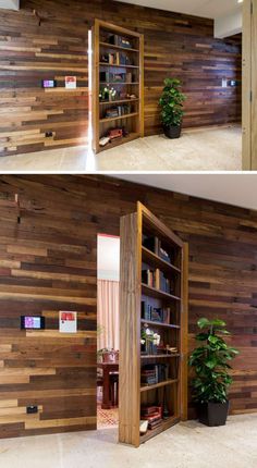 two pictures of the inside of a room with wood paneling and plants in it