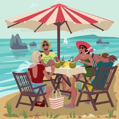 two people sitting at a table on the beach under an umbrella eating food and drinking