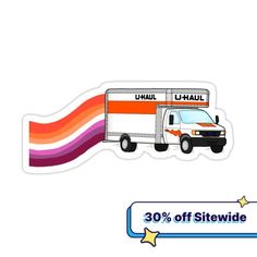 a sticker with an image of a delivery truck on it's side and the words u - haul written in large letters