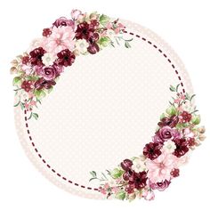 a round frame with flowers and leaves on the edges is shown in red, pink, purple