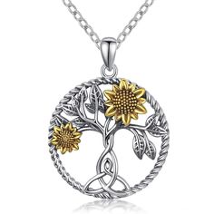 PRICES MAY VARY. Excellent Design: The sunflower have a torso in the shape of a Celtic Knot. Contains endless, powerful and infinite vitality,selfless and great love. Tree of Life Necklace: Sunshine necklace using S925 sterling silver technology, no nickel, no lead, no cadmium; anti-fading, anti-rust, anti-allergic. very safe. Wear it for a long time to keep your body healthy. Jewelry Size:sunflower necklaces for women diameter: 22mm (0.87''); chain length:18''+2'' Rolo chain; weight:4.95g. Jewe Cross Tree, Abalone Jewelry, Celtic Knot Necklace, Sunshine Necklace, Celtic Knot Pendant, Sunflower Jewelry, Sunflower Pendant, Sunflower Necklace, Elephant Necklace