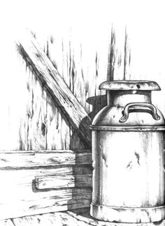 a drawing of an old fashioned keg sitting on a wooden step next to a fence