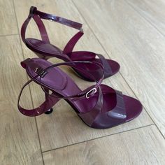 Purple Chic Open Toe Silhouette Comfortable Buckle Strap Closure Made In Brazil Heel Height 4” Purple Kitten Heels, Dark Purple Heels, Visual Archive, Sneakers Jordans, Purple Heels, Shoes Sneakers Jordans, Heeled Sandal, Plum Color, Marc Fisher