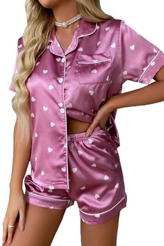 WDIRARA Women's Sleepwear Satin Short Sleeve Button Shirt and Shorts Pajama Set Pijama Satin, Silk Pajamas Shorts, Pyjama Satin, Loungewear Fashion, Satin Sleepwear, Elastic Waistband Pants, Satin Short, Satin Pyjama Set, Womens Pyjama Sets