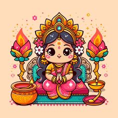 Goddess Lakshmi Photos, Goddess Lakshmi Drawing, Cartoon Rangoli, Ganesha Artwork, Lace Dres, Birthday Scrapbook Layouts, Easy Cartoon, Easy Cartoon Drawings, Colour Mixing