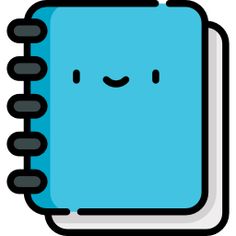 a blue notebook with a smiley face drawn on the front and side, sitting next to an open book