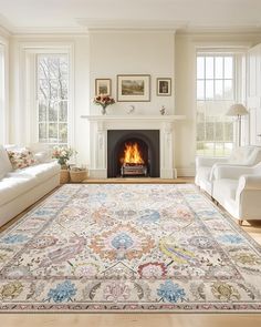 a living room filled with furniture and a fire place in the middle of the room