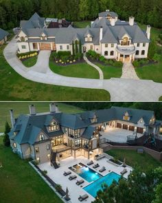 an aerial view of a large house with a pool in the front yard and on the back