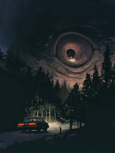 a car parked in front of a forest with an eyeball shaped object above it