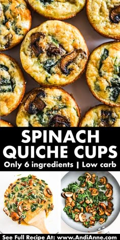 spinach quiche cups with text overlay that reads spinach quiche cups only 6 ingredients i low carb