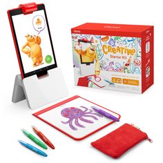 the children's creativity kit includes an electronic tablet, pencils and marker pens