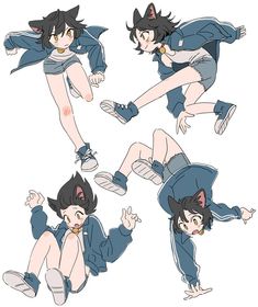 four different poses of an anime character in various positions, including the cat's head and