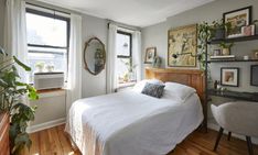 a bed sitting in a bedroom next to a window with lots of plants on it