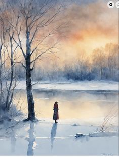 a painting of a person standing in the snow next to a tree and frozen lake