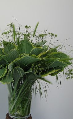 a vase filled with lots of green plants