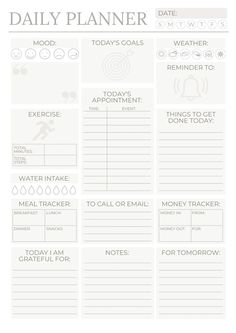 the daily planner is shown in grey and white, with notes on each page to help you