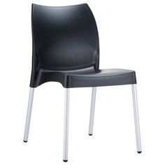 a black plastic chair with silver legs