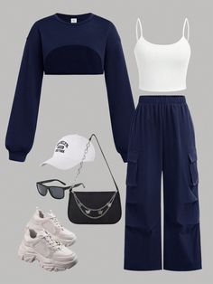 Zweiteiler für Teenager Mädchen bestehend aus einfarbiger Crop Hoodie & Träger Top mit Cargohose, 2-teiliges Lässig Set marineblau   Langärmelig Strickstoff,Gewebter Stoff Einfarbig  Undehnbar  Teen Girls Clothing, size features are:Bust: ,Length: ,Sleeve Length: Dark Blue Casual Outfit, Cute Outfit Inspo For Teens, Teen Outfits For School Trendy, Blue Formal Top, Blue Outfit Ideas Casual, Cute Clothes For Teenagers, Blue Crop Top Outfit, Cute Teenage Outfits, Decades Outfits