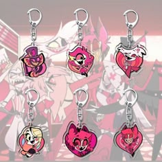 several cartoon key chains are shown in different colors