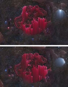 two images of the same object in space, one with red and blue lights on it