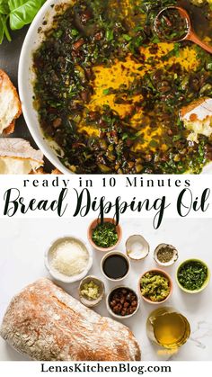 an image of bread dipping oil in a bowl with other ingredients around it and the words ready in 10 minutes