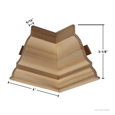 a wooden corner with measurements for the top and bottom part, including an angled edge