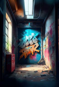 an alleyway with graffiti on the walls and door to another room that appears to have been vandalized