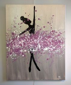 a painting of a ballerina with pink and white paint splattered on it