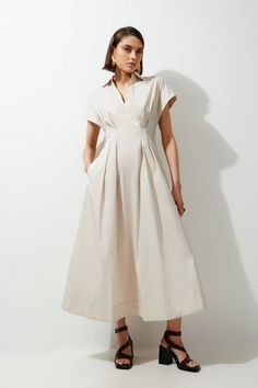 Tall Poplin Dropped Strong Shoulder Woven Shirt Dress | Karen Millen Spring Dresses For Wedding Guest Classy, Poplin Outfit, Ss 25 Fashion Trends, Shirt Dress Formal, Ss25 Trends, Brown Summer Dress, Shirt Dress Maxi, Future Clothing, Tailored Dresses