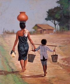 a painting of two people walking down a dirt road carrying buckets on their heads