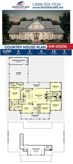 the country house plan is shown in this brochure, and it's measurements are