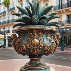 a large potted planter sitting on the side of a road in front of a building