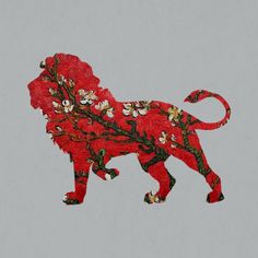 a red lion with flowers on it's tail