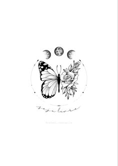 a black and white drawing of a butterfly with three phases in the sky above it