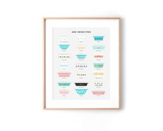 a framed poster with different types of bowls on the front and back, in pastel colors