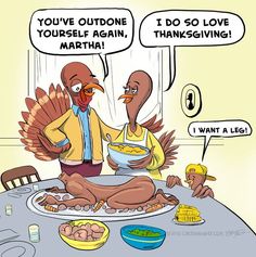 two turkeys sitting at a table with thanksgiving food