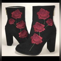 Intentionally Blank Embroidered Roses Boots, 4 Inch High Heel, Zip Closure, They Are 9 Inches Tall. They Don’t Appear To Ever Have Been Worn! Mexican Boots, Intentionally Blank, Embroidered Roses, Embroidered Boots, Black Rose, Shoes Heels Boots, High Heel, Shoes Women Heels, Heeled Boots